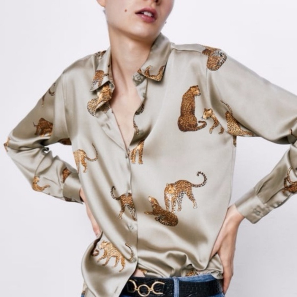 Zara Satin Green Leopard Button Down Blouse Small